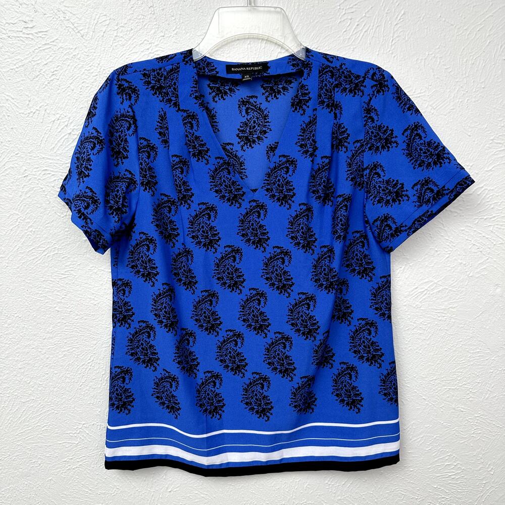 Banana Republic Blue Paisley Print Border Hem V-Neck Blouse XS Boho Workwear